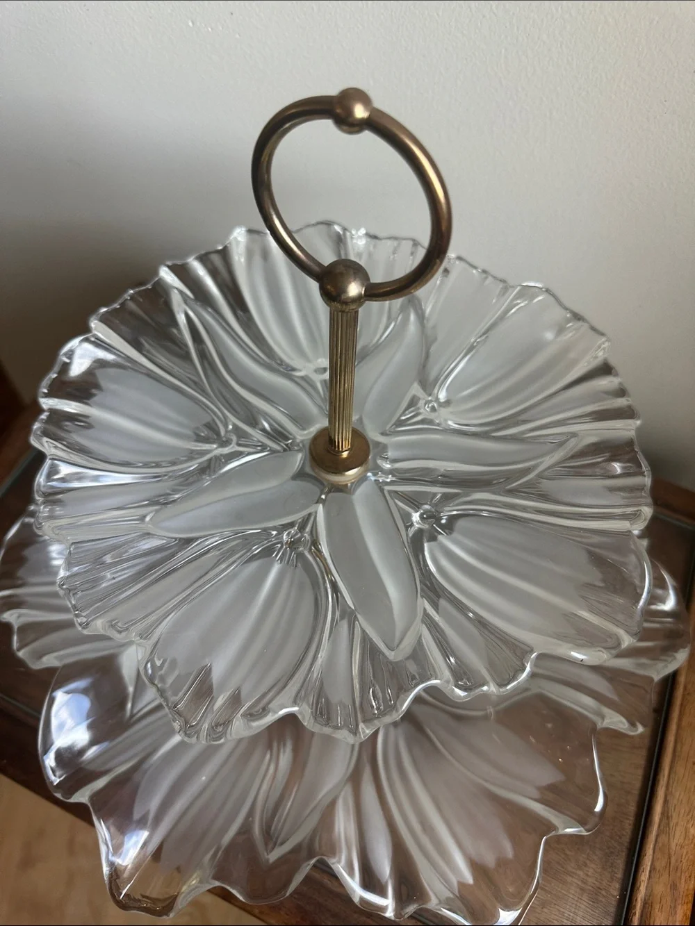Vintage Mikasa Tulip Glass 2-Tier Cupcake Dessert Stand with Art Deco Gold Brass